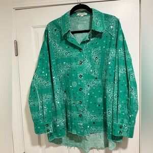 EUC Blue Velvet Green Paisley Button-Up Shirt
